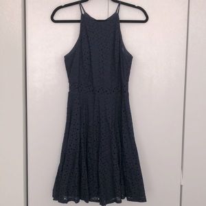 AQUA High neck navy eyelet skater party dress
